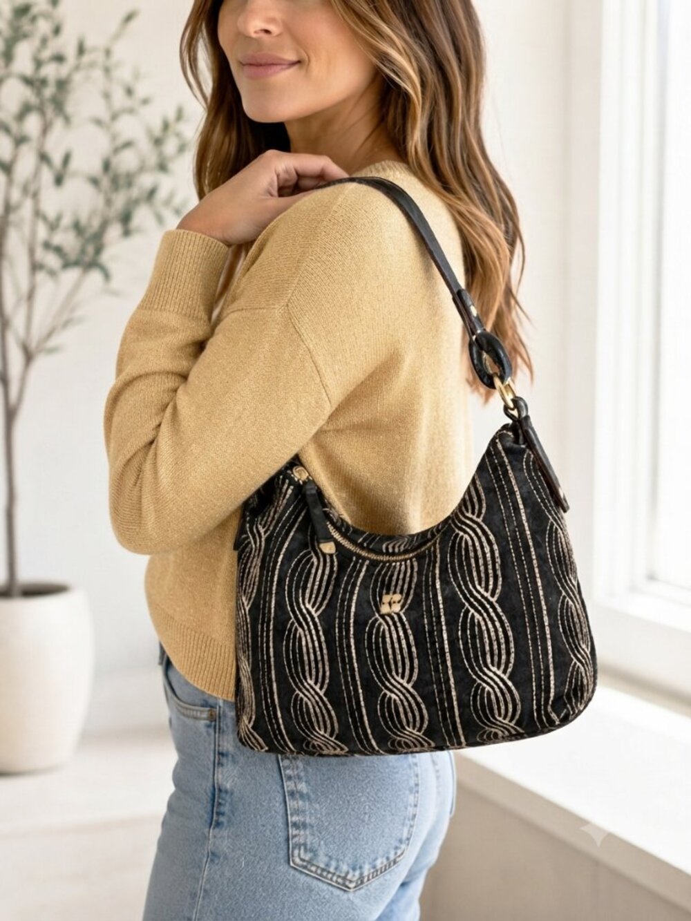 Kate Spade New York Knit Hobo — Cable Knit Pattern Embroidery with Gold Thread